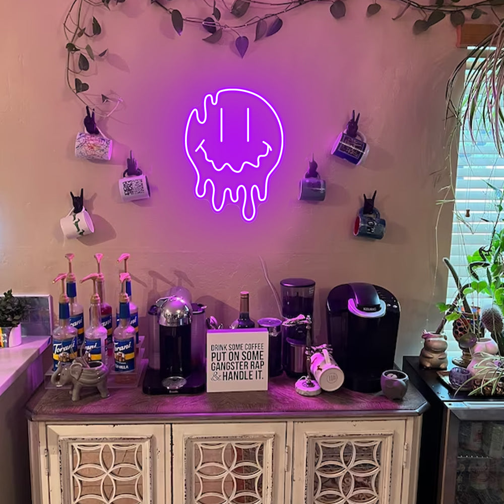 Melting smiley face neon sign